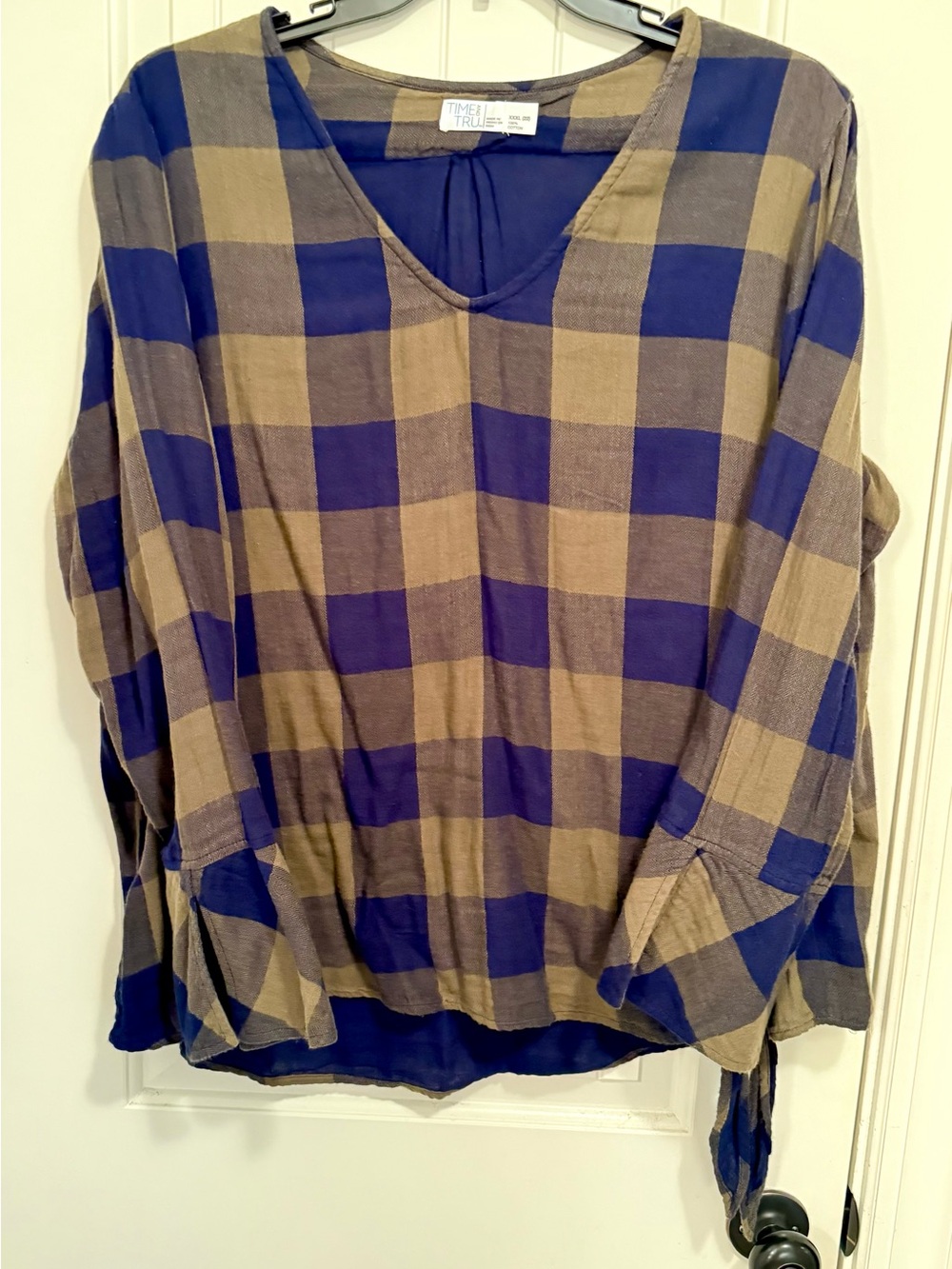 Time and Tru Women's Blue and Olive Plaid V-Neck Top